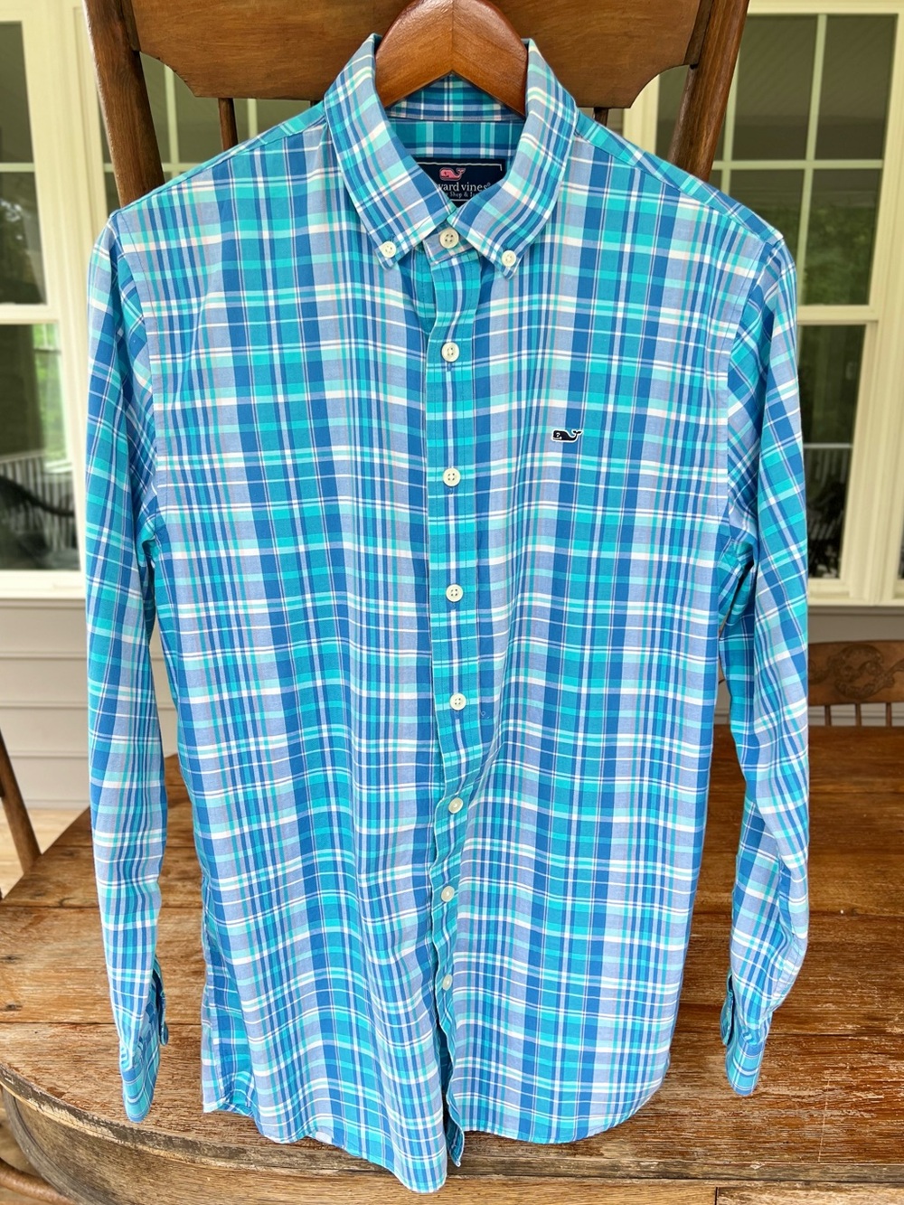 Boys Vineyard Vines Button Down Whale Dress Shirt Blue Plaid Size 18 XL
